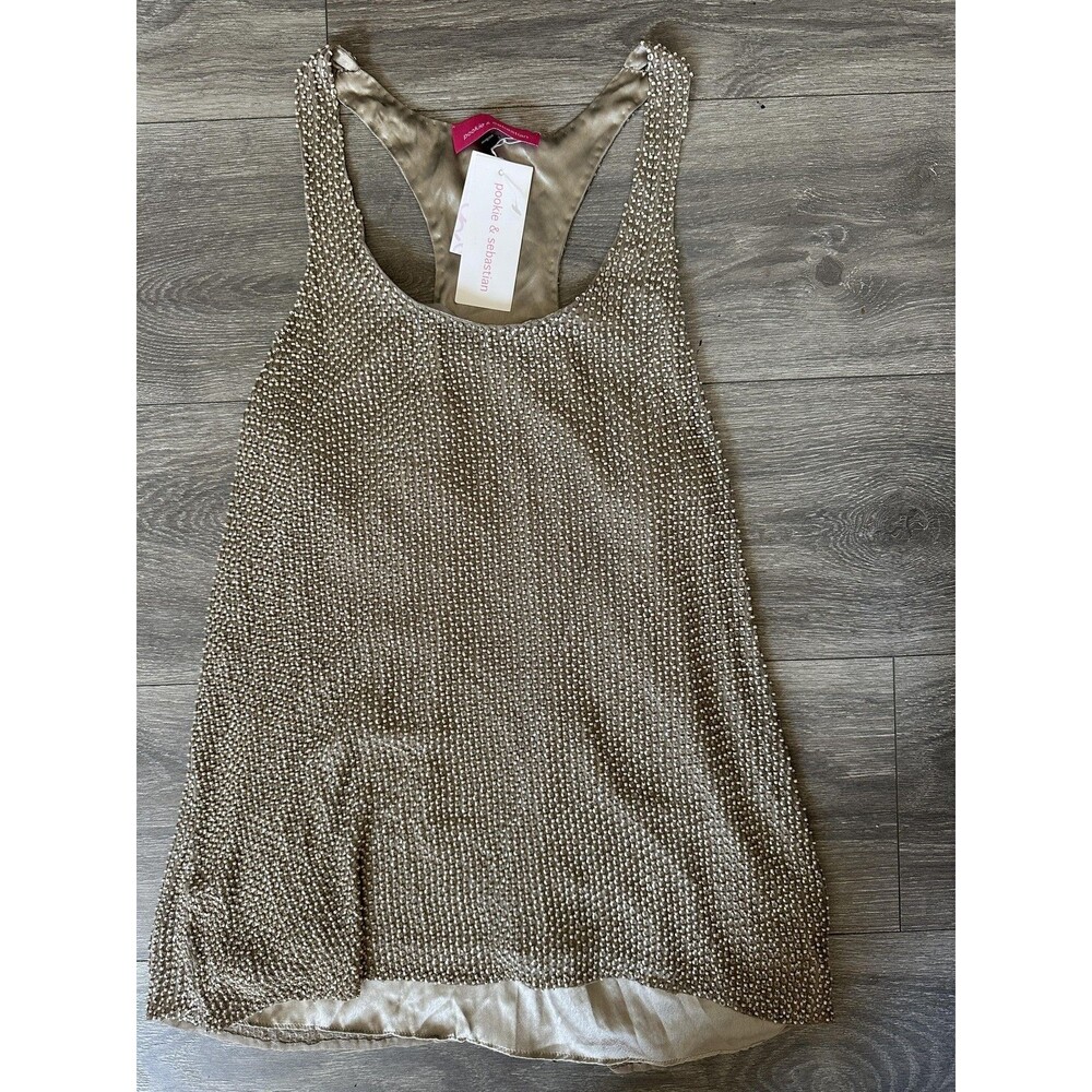 Pookie & Sebastian Tank Top Womens Medium Silk Beaded Racer Special Occasion Med